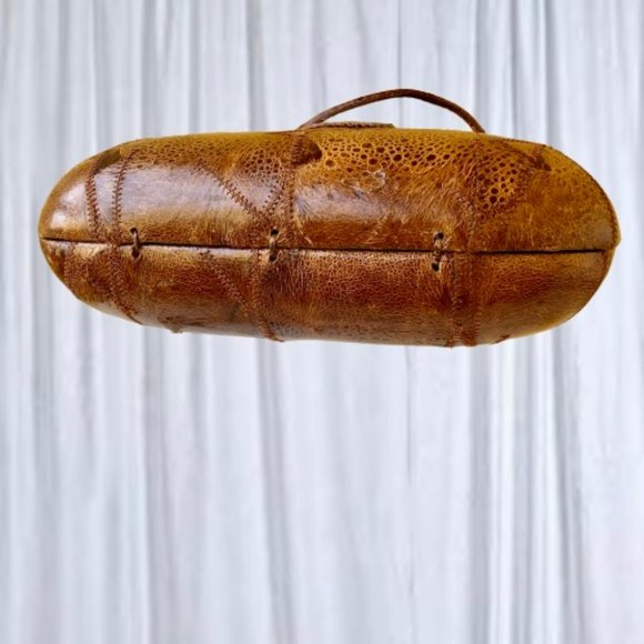 Vintage Handbag Hard Case Shell Brown Patchwork Leather Cross Body Purse flaws - Picture 5 of 13